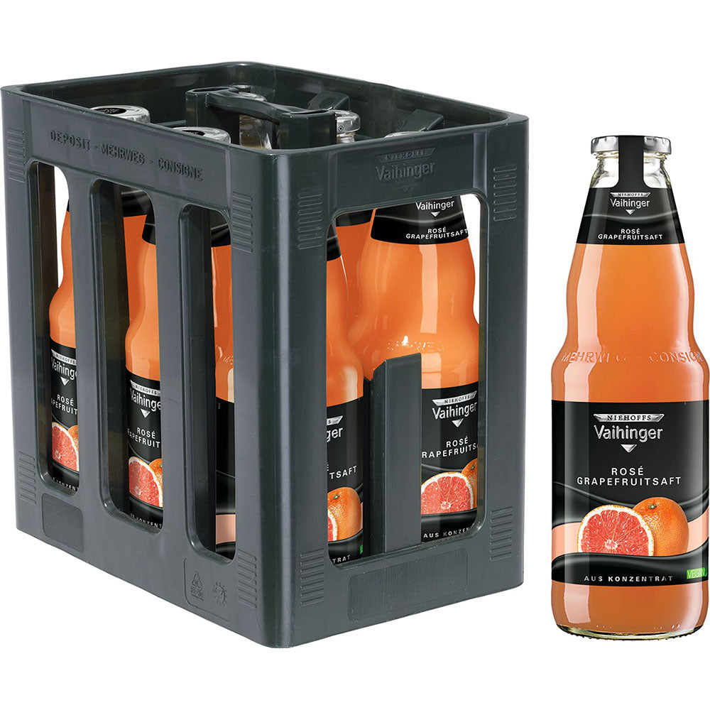 Sechs 1L-Flaschen Niehoffs Vaihinger Rosé Grapefruitsaft (Mehrweg) in einer schwarzen Kiste - ideal als erfrischender Saft oder als spritziger Mixer für Cocktails.
