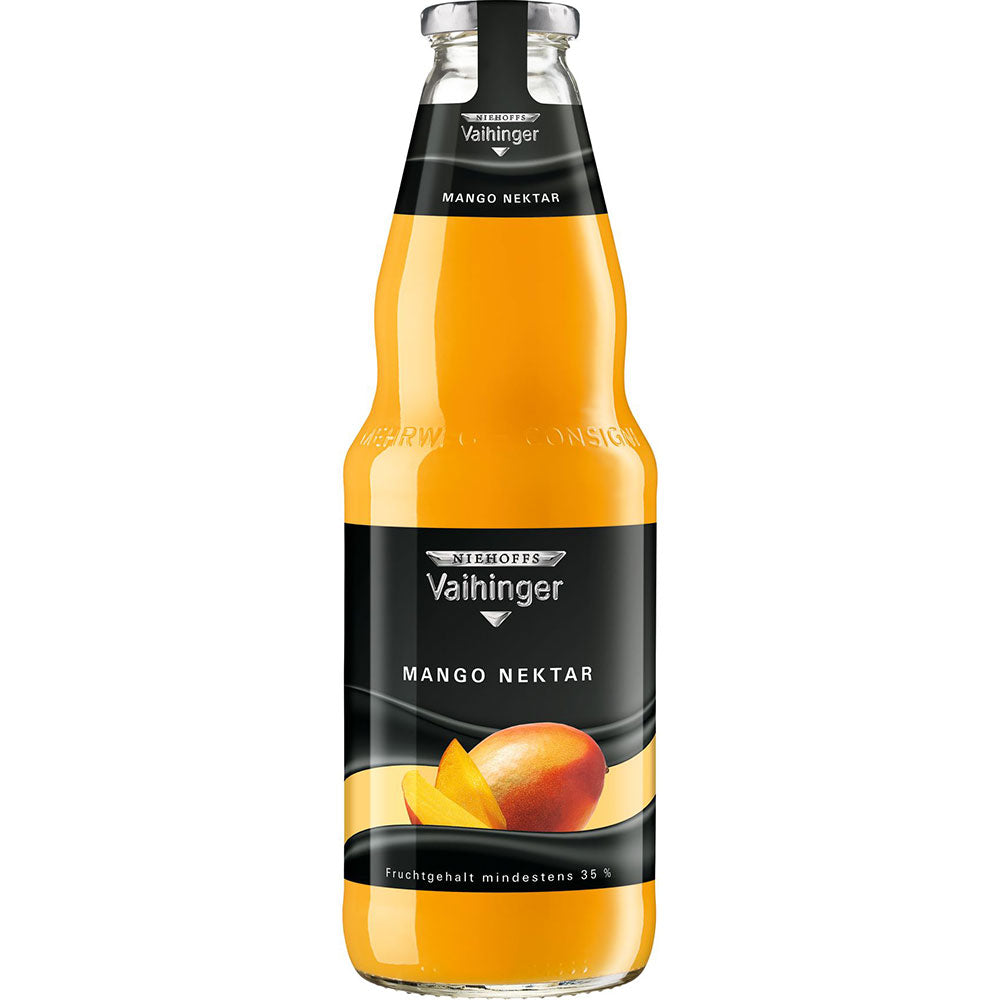 Glasflasche von Niehoffs Vaihinger Mango 6x 1 Liter (MEHRWEG) mit schwarzem Etikett und Mango-Abbildung auf der Vorderseite.