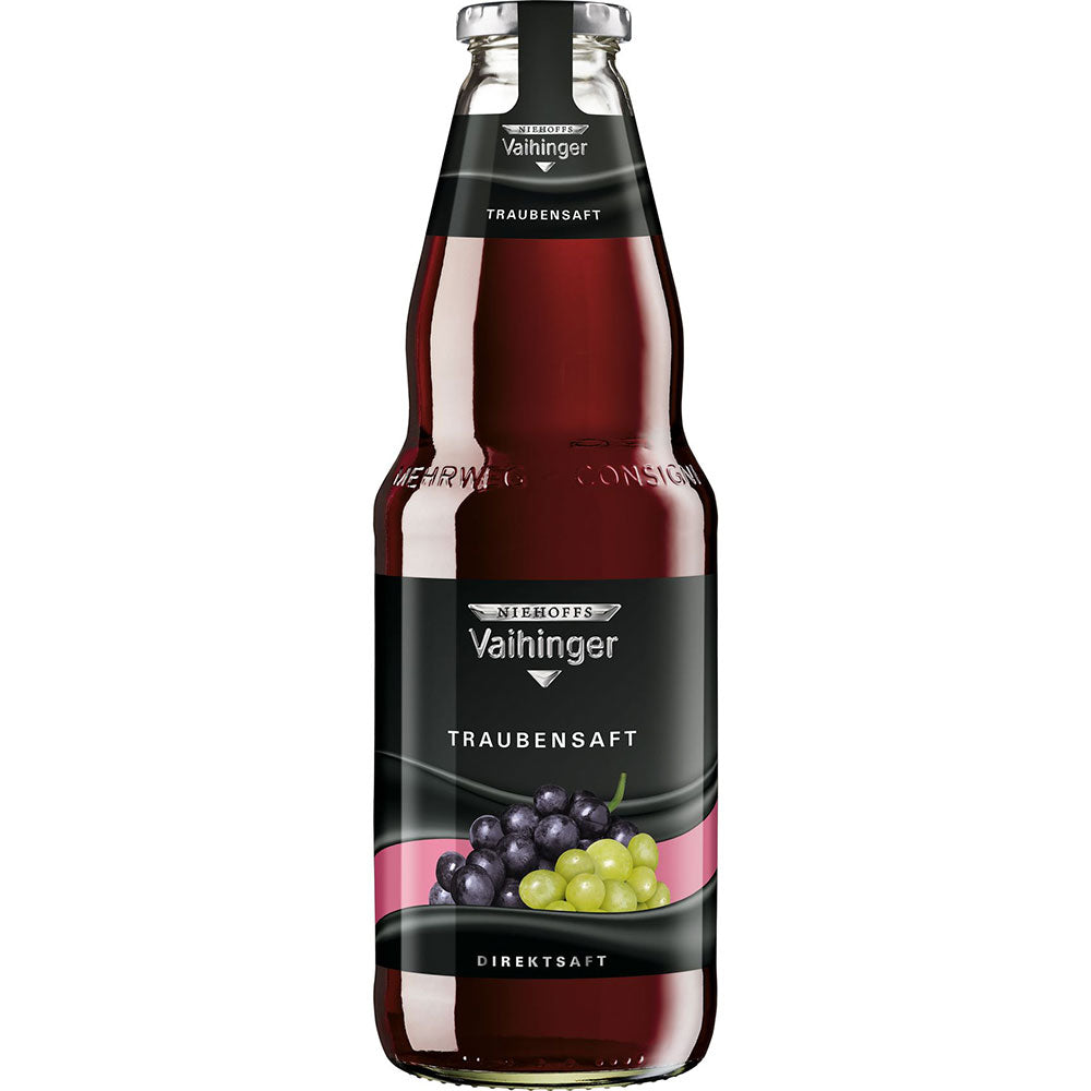 Eine Glasflasche Niehoffs Vaihinger Rote Traube 6x1L (MEHRWEG) mit einem Etikett, das rote Trauben auf der Vorderseite zeigt.