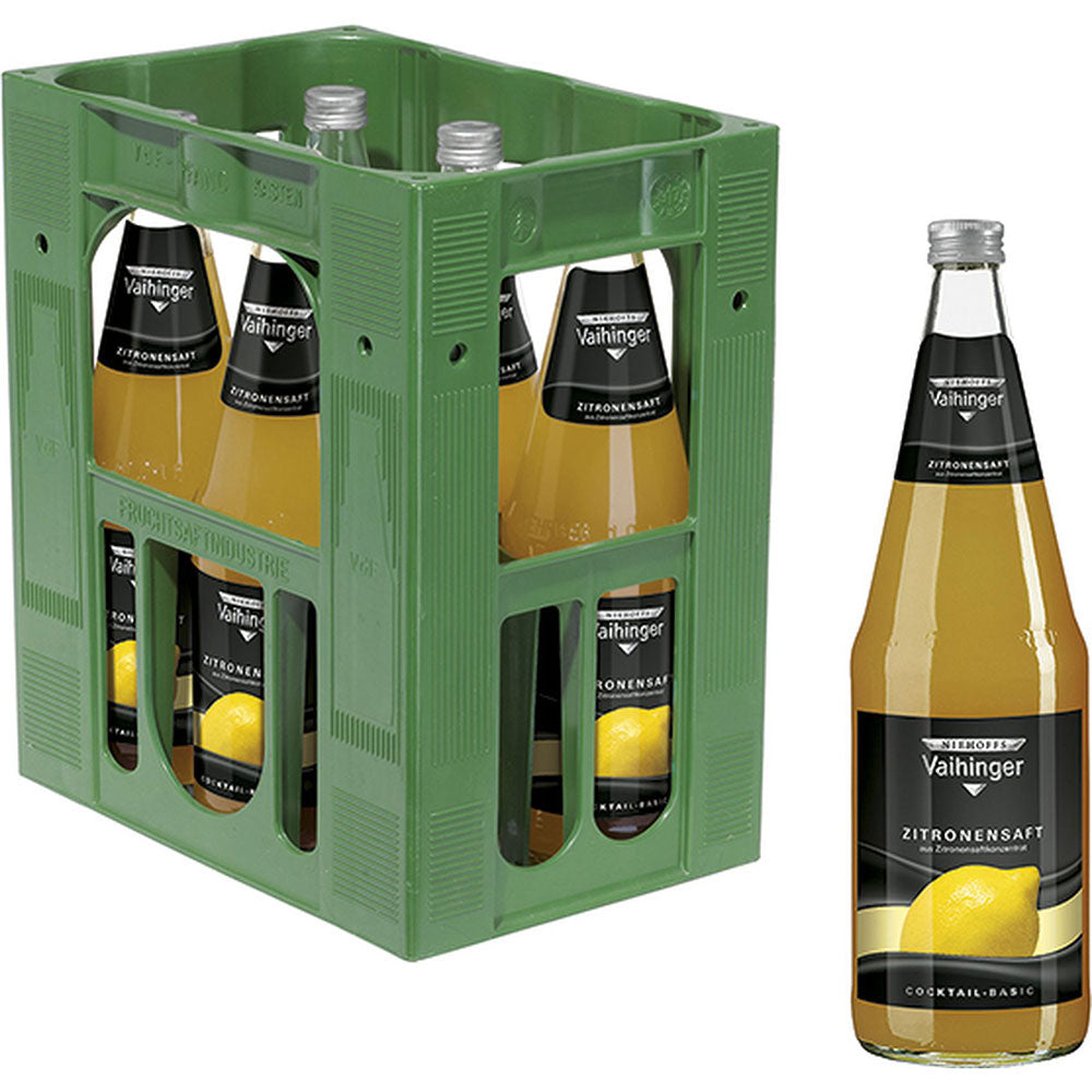 Eine grüne Kiste enthält sechs 1-Liter-Flaschen Niehoffs Vaihinger Zitrone (MEHRWEG); eine Flasche ist separat ausgestellt.