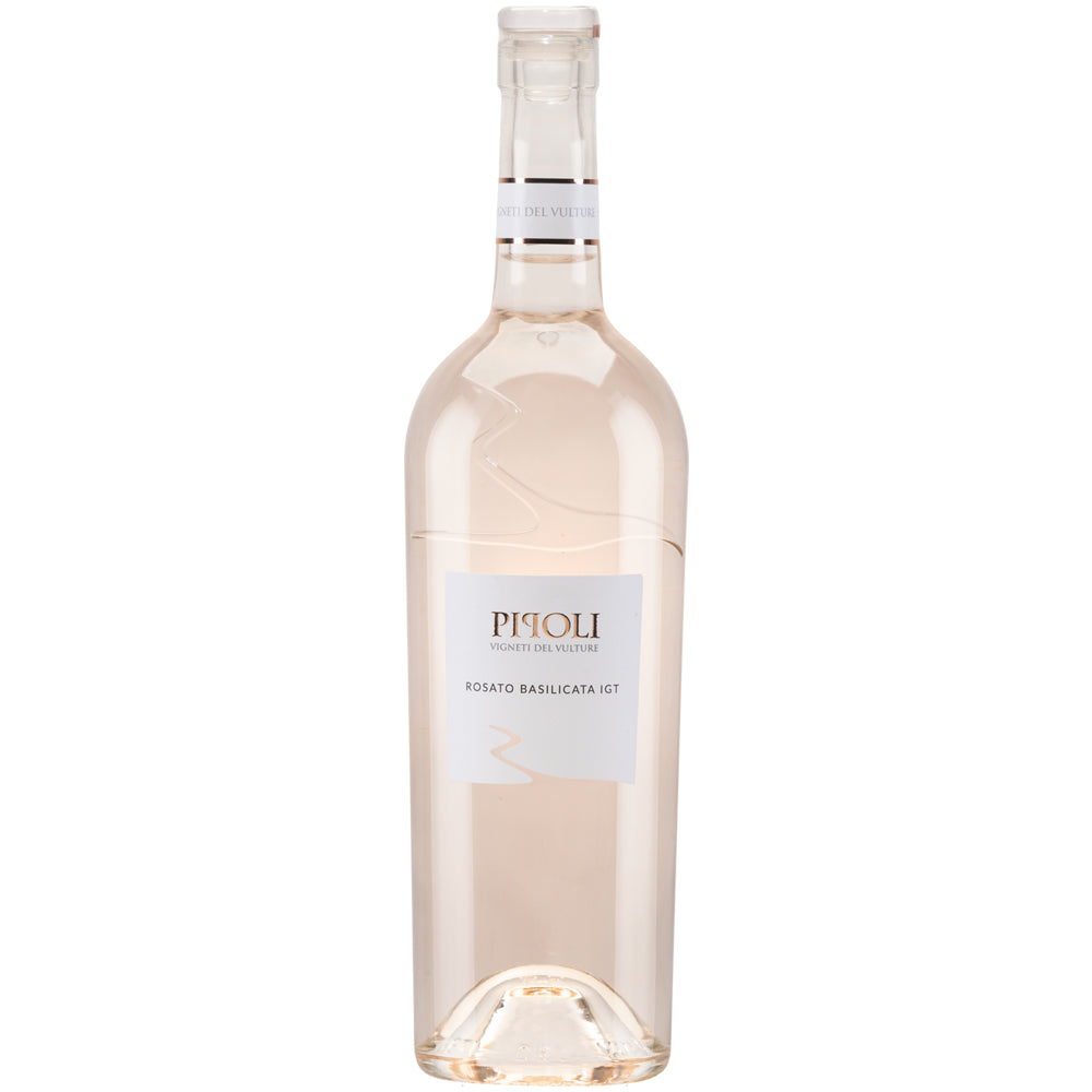 Eine klare Glasflasche mit dem Wein „Vigneti del Vulture Pipoli Rosato Basilicata IGP 2025“, versehen mit einem weißen Etikett und einer weißen Kappe, hergestellt aus der berühmten Aglianico-Traube.