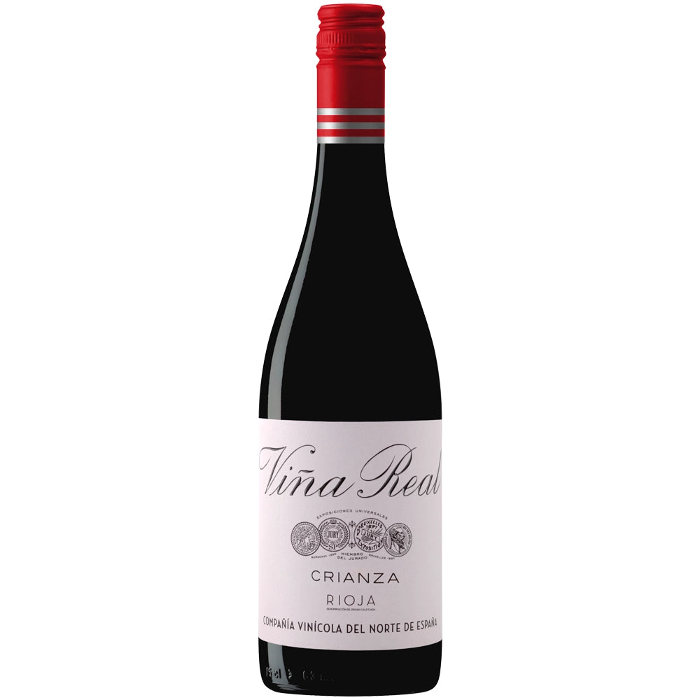 Eine Flasche Rotwein „Viña Real Crianza Rioja DOCa 2021“ von Viña Real mit rotem Verschluss und weißem Etikett, der hauptsächlich aus Tempranillo-Trauben gekeltert wurde.