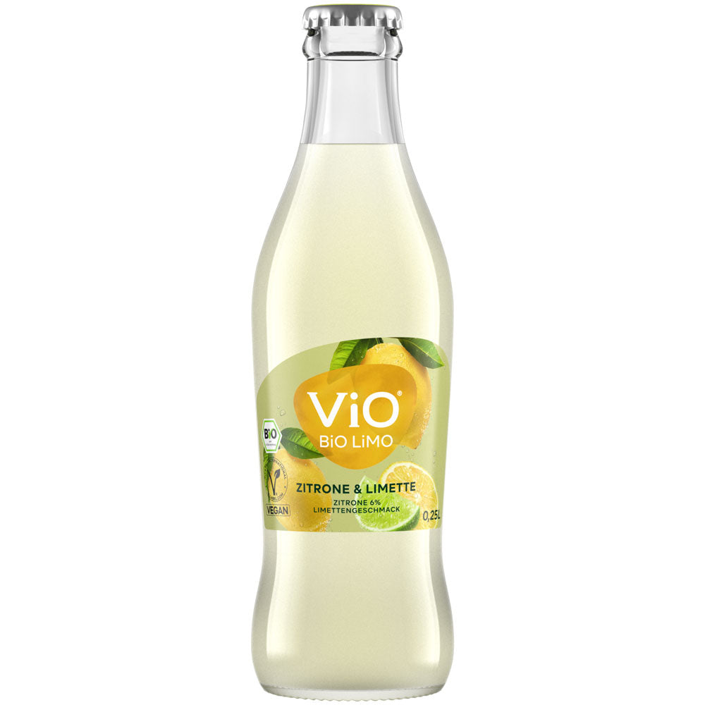 ViO Bio Limo Zitrone-Limette 0,25L Mehrweg: Glasflasche mit gelbem Fruchtetikett, klare Flüssigkeit aus natürlichem Mineralwasser. Packung mit 24 Stück von ViO Bio Limo.