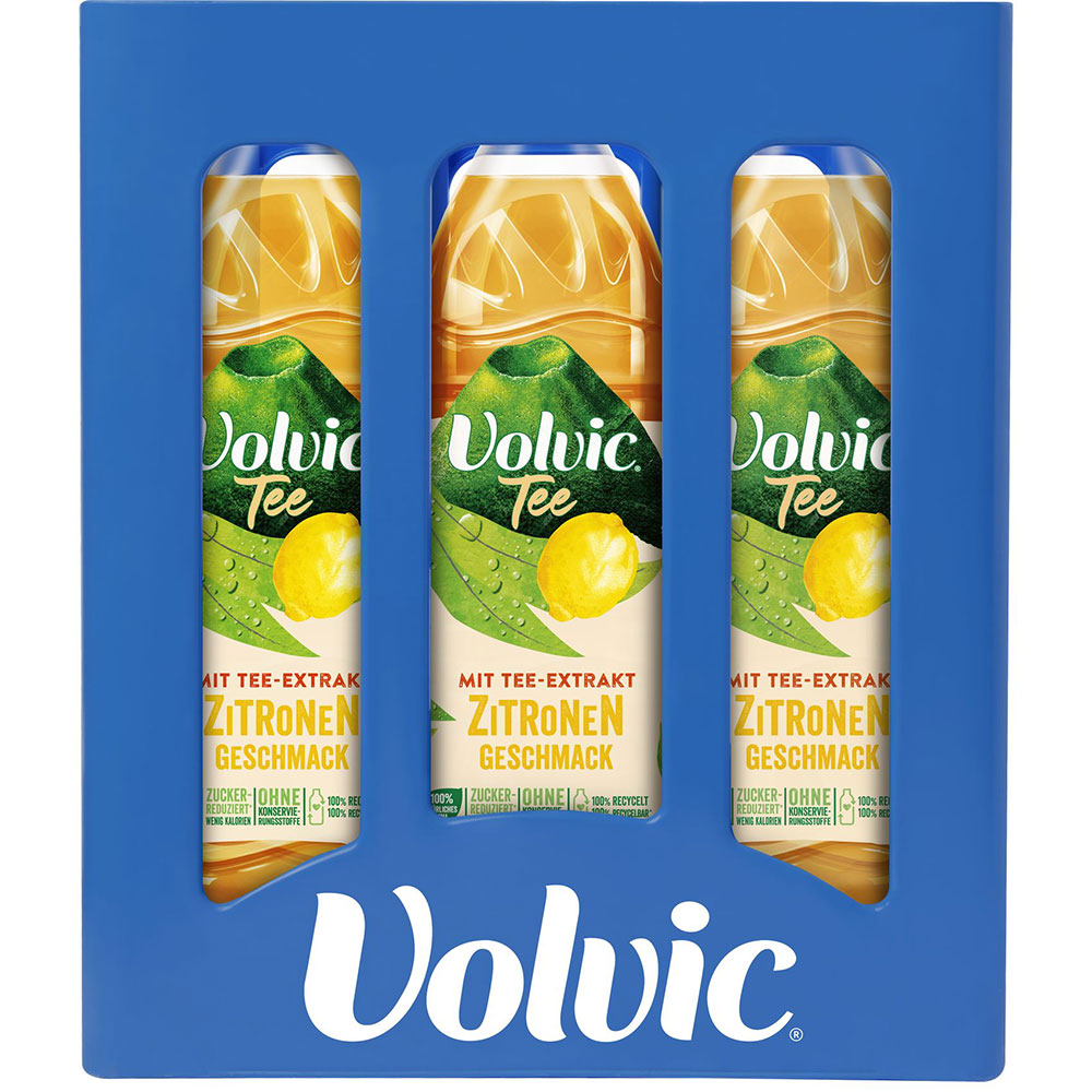 Sechs Flaschen Volvic Eistee Zitrone PET (je 1,5 l, EINWEG) im Volvic Branding, die einen erfrischenden, natürlichen Zitronen-Eistee-Geschmack liefern.