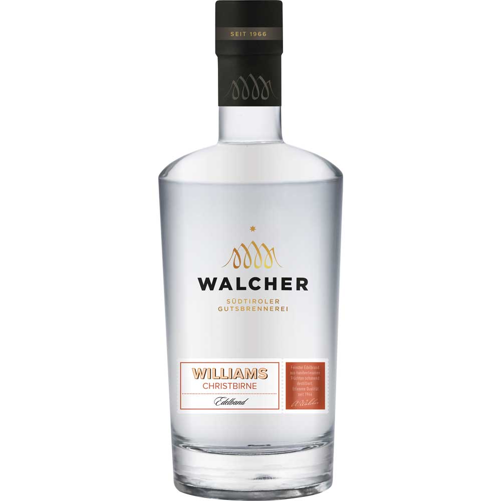 Eine 0,7L Flasche Walcher Williams Christ-Birnenbrand 40% Obstbrand aus Südtirol, gekennzeichnet durch einen schwarzen Verschluss und ein weißes Etikett.