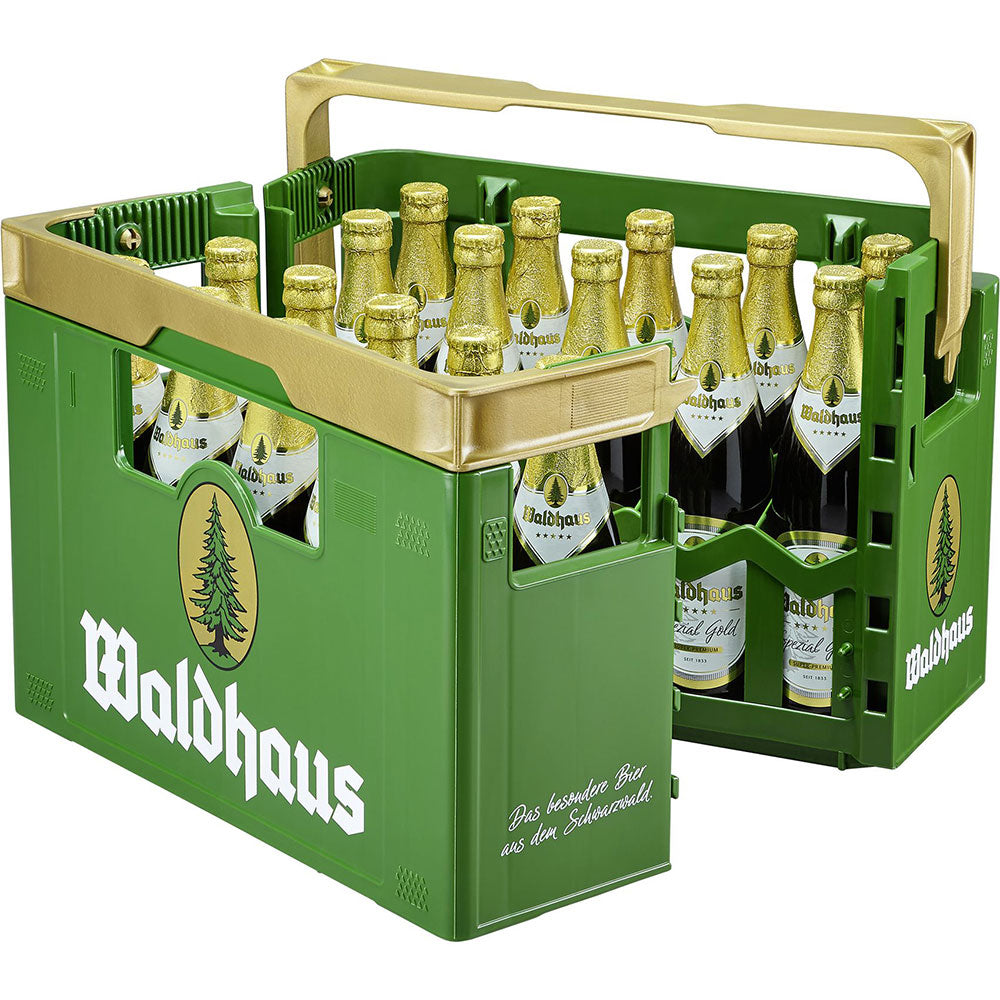 Grüner Kasten mit "Waldhaus"-Logo enthält 20 Waldhaus Spezial Gold 0,5L-Flaschen (MEHRWEG), jeweils mit Goldfolienverschluss und Etikett.