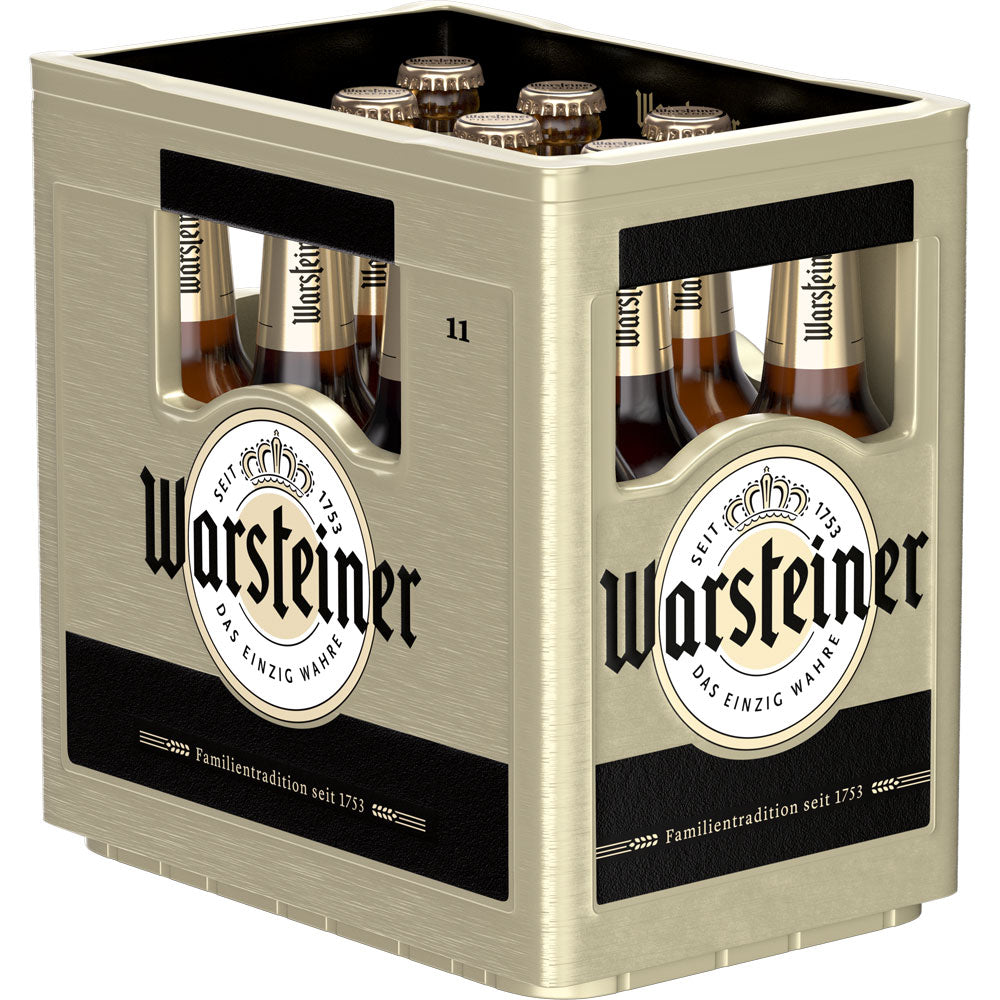 Ein Kasten Warsteiner Pilsener 11x 0,5 Liter (MEHRWEG) Flaschen mit seitlichen Griffen und sichtbaren Etiketten - ideal für jeden Anlass.