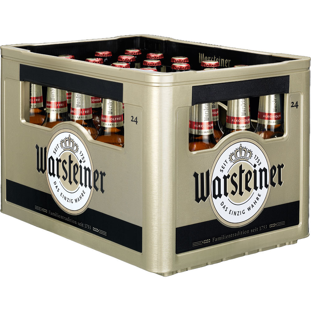 Ein beiger Kasten mit 24 Flaschen Warsteiner Pilsener Alkoholfrei 0,33L (MEHRWEG) von Warsteiner, mit sichtbaren Etiketten und Flaschenverschlüssen.