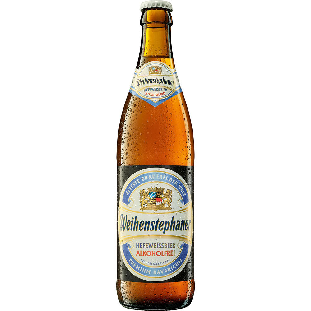 Eine Flasche Weihenstephaner Hefeweißbier Alkoholfrei 0,5L (MEHRWEG), ein alkoholfreies Weizenbier aus Weihenstephan, mit einem blau-weißen Etikett.
