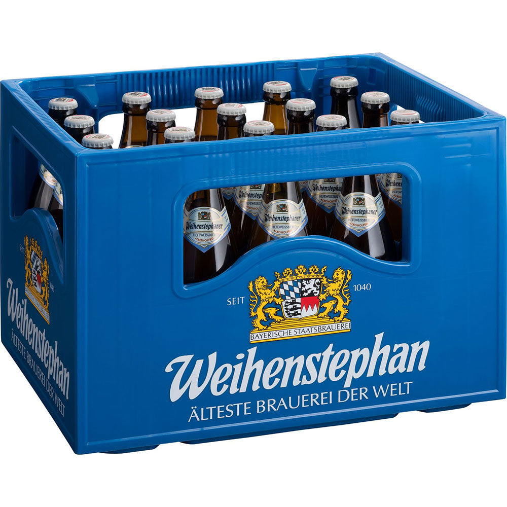 Eine blaue Kiste Weihenstephaner Hefeweißbier Alkoholfrei 20x 0,5L (Mehrweg) Flaschen mit der Aufschrift "Älteste Brauerei der Welt", die das hochwertige alkoholfreie Weißbier der Marke Weihenstephan präsentiert.