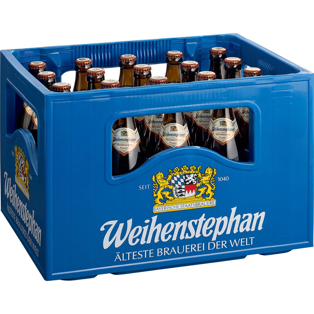 Blauer Kasten mit 20 Flaschen Weihenstephan Hefe Dunkel 0,5L (Mehrweg) der Marke Weihenstephan, mit der Aufschrift "Älteste Brauerei der Welt" in weißer Schrift.