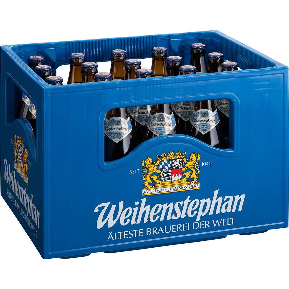 Blaue Kiste mit 20x0,5L Weihenstephan Original Helles Alkoholfrei (MEHRWEG), einem kalorienarmen, alkoholfreien Bier der ältesten Brauerei der Welt, Weihenstephan.
