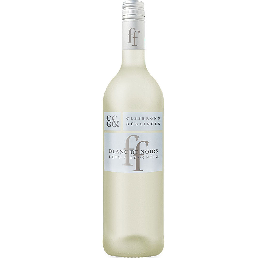 Abgebildet ist eine Flasche Weingärtner Cleebronn-Güglingen Blanc de Noirs fein & fruchtig 2024 mit einem silbernen Verschluss auf weißem Hintergrund.