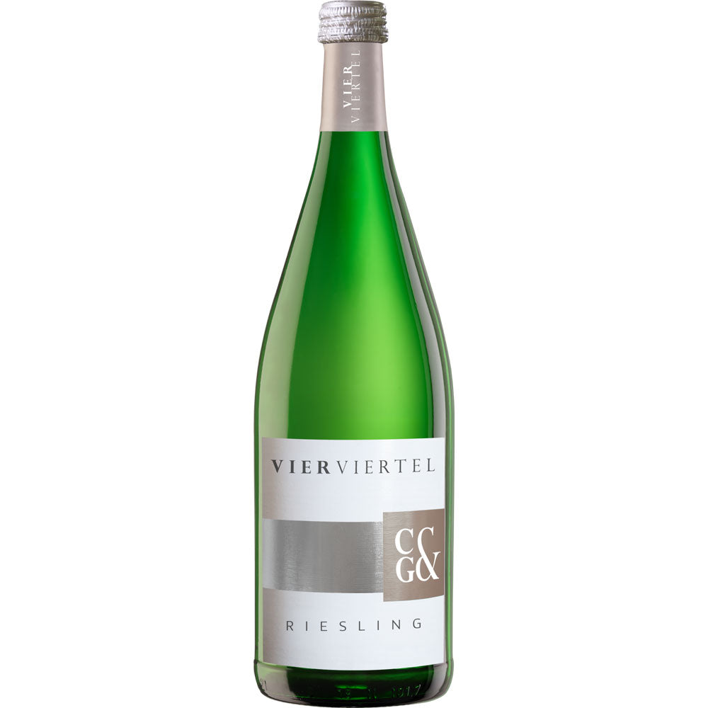 Grüne Flasche Weingärtner Cleebronn-Güglingen VierViertel Riesling QbA halbtrocken, deutscher Weißwein, mit Silberetikett und praktischem Drehverschluss, 12x 1L (MEHRWEG).