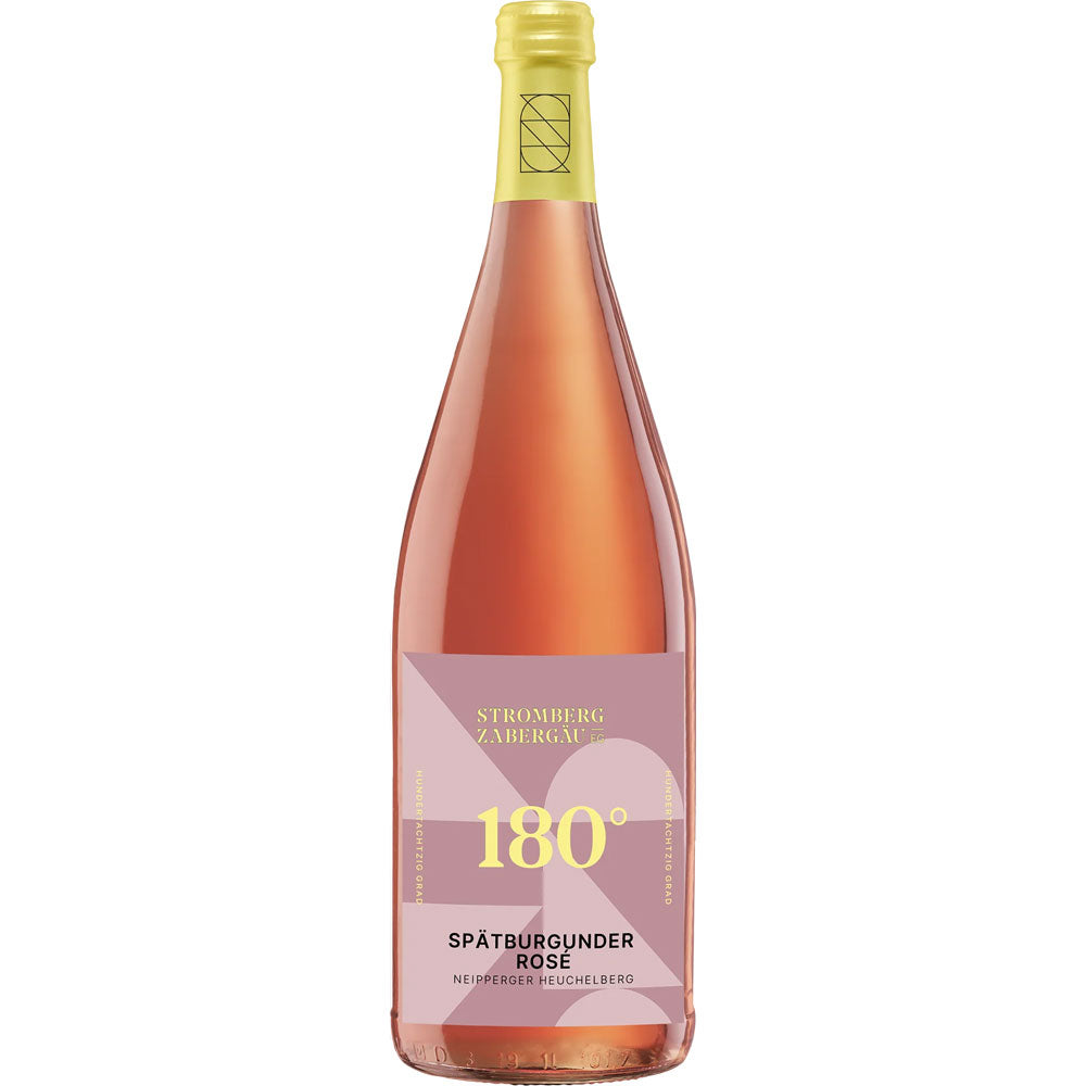 Eine Flasche Weingärtner Stromberg-Zabergäu 180° Neipperger Heuchelberg Spätburgunder Rosé QbA lieblich, ein süßer Rosé von Württemberg Wein, kommt mit einem markanten rosa-gelben Etikett daher.