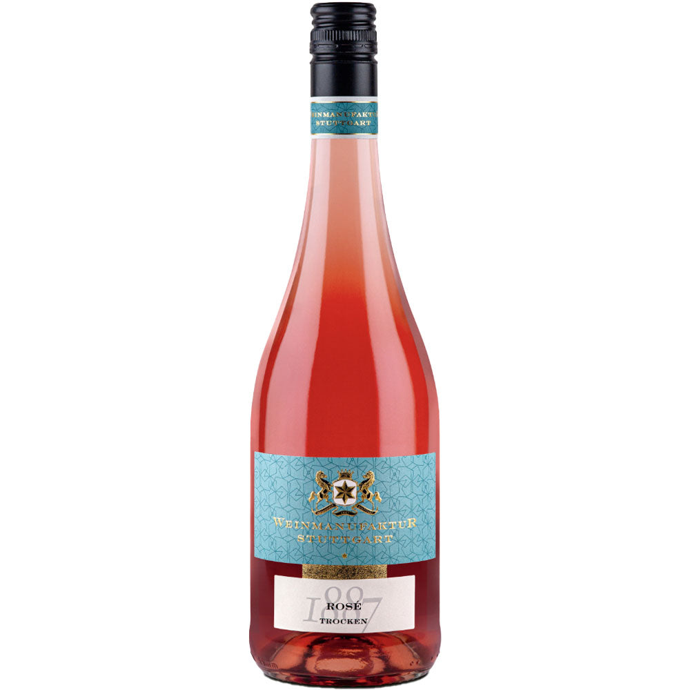 Eine Flasche Weinmanufaktur Stuttgart Rosé * trocken 2023 von Weinmanufaktur Stuttgart, mit blauem Etikett, goldenen Akzenten und einem schwarzen Schraubverschluss.
