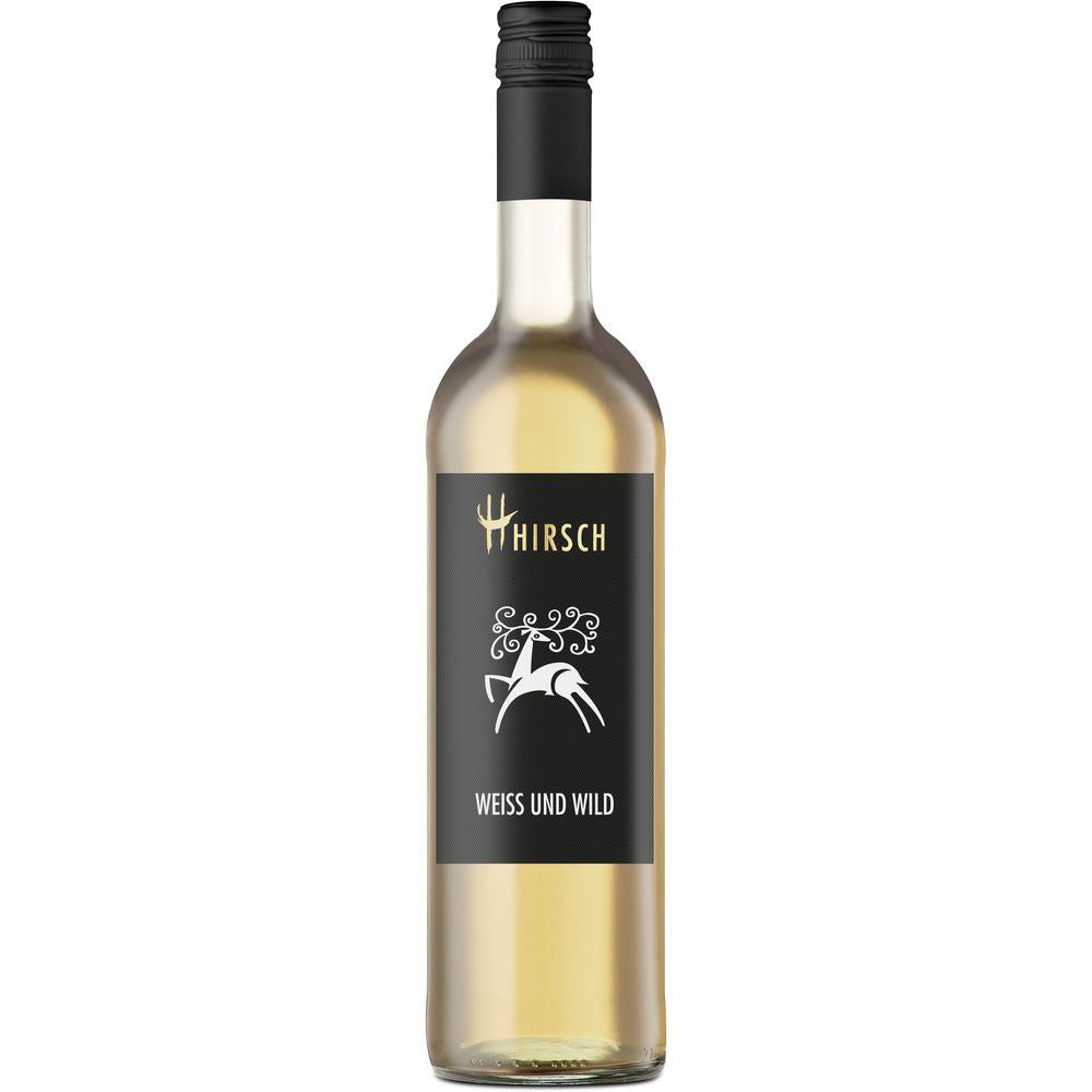 Eine Flasche Christian Hirsch Weiß und Wild Weißwein-Cuvée trocken aus Württemberg, mit schwarzem Etikett und minimalistischem weißem Hirschmotiv.