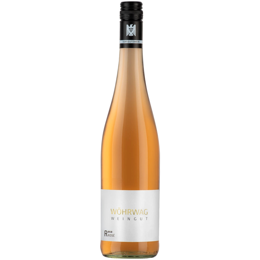 Eine Flasche „Wöhrwag ROSA Rosé Cuvée VDP.Gutswein trocken 2025“ von Wöhrwag mit weißem Etikett und schwarzem Schraubverschluss, der die Qualität dieses VDP.Gutswein trocken unterstreicht.