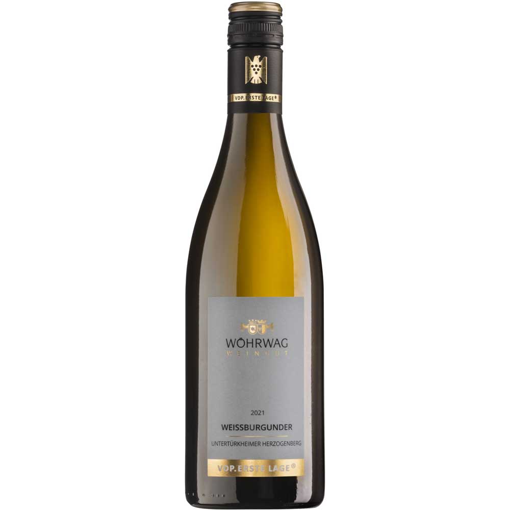 Eine Flasche Wöhrwag Untertürkheimer Herzogenberg Weißburgunder VDP.Erste Lage trocken 2022, ein Weißwein aus Württemberg, mit einem schwarz-goldenen Etikett und Schraubverschluss.