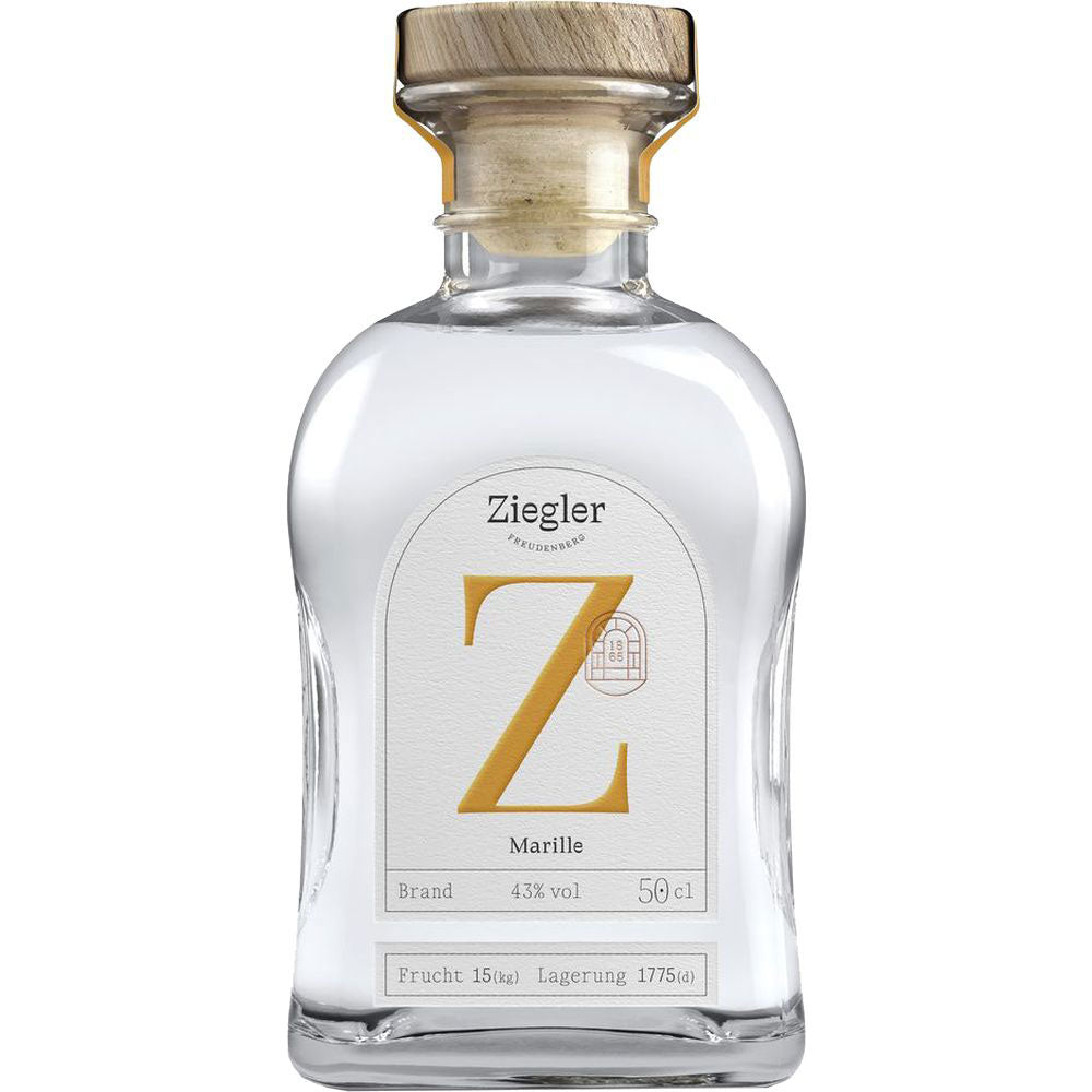 Der Ziegler Marillenbrand 43% 0,5 Liter kommt in einer Klarglasflasche mit Holzkappe und weißem Etikett mit markantem goldenem Z, das die Eleganz dieser Premium-Spirituose von Ziegler widerspiegelt.