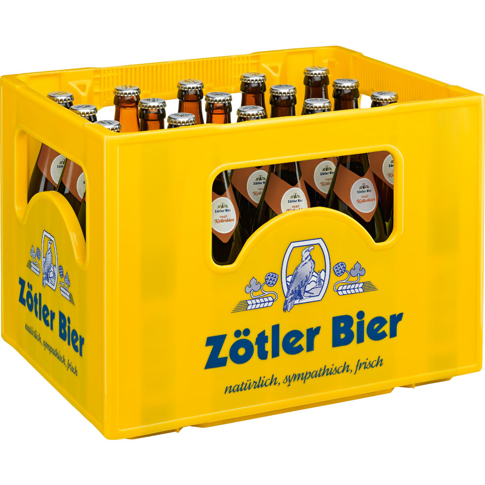 Gelbe Kiste mit dem Logo der Brauerei Zötler, gefüllt mit 20x 0,5L Flaschen Zötler 1447 Kellerbier (MEHRWEG), einem naturtrüben Kellerbier, das authentische Allgäuer Brautradition verkörpert.