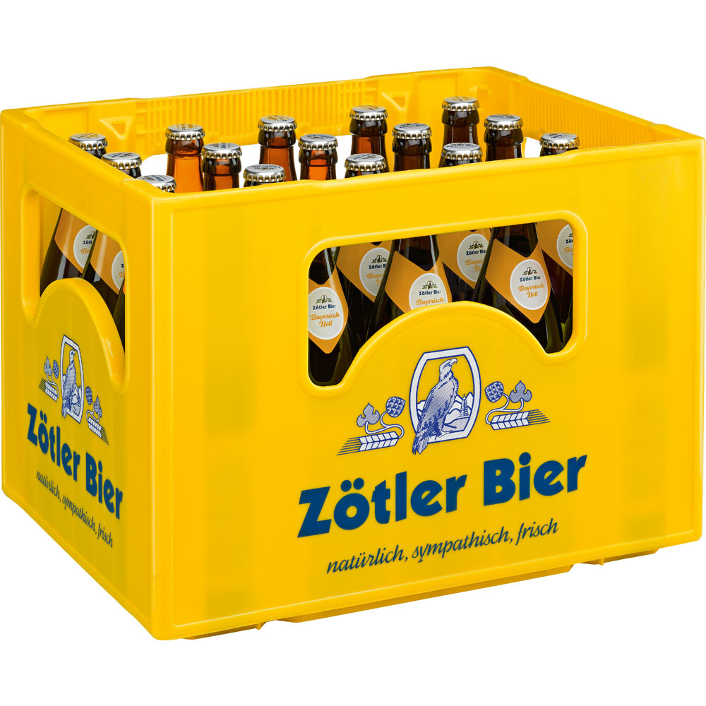 Gelber Kasten mit Brauerei Zötler-Logo, darin 20x 0,5L Flaschen Zötler Bayerisch Hell (Mehrweg) - ein klassisches bayerisches Bier mit weißen Etiketten und Verschlüssen, gebraut im Allgäu.
