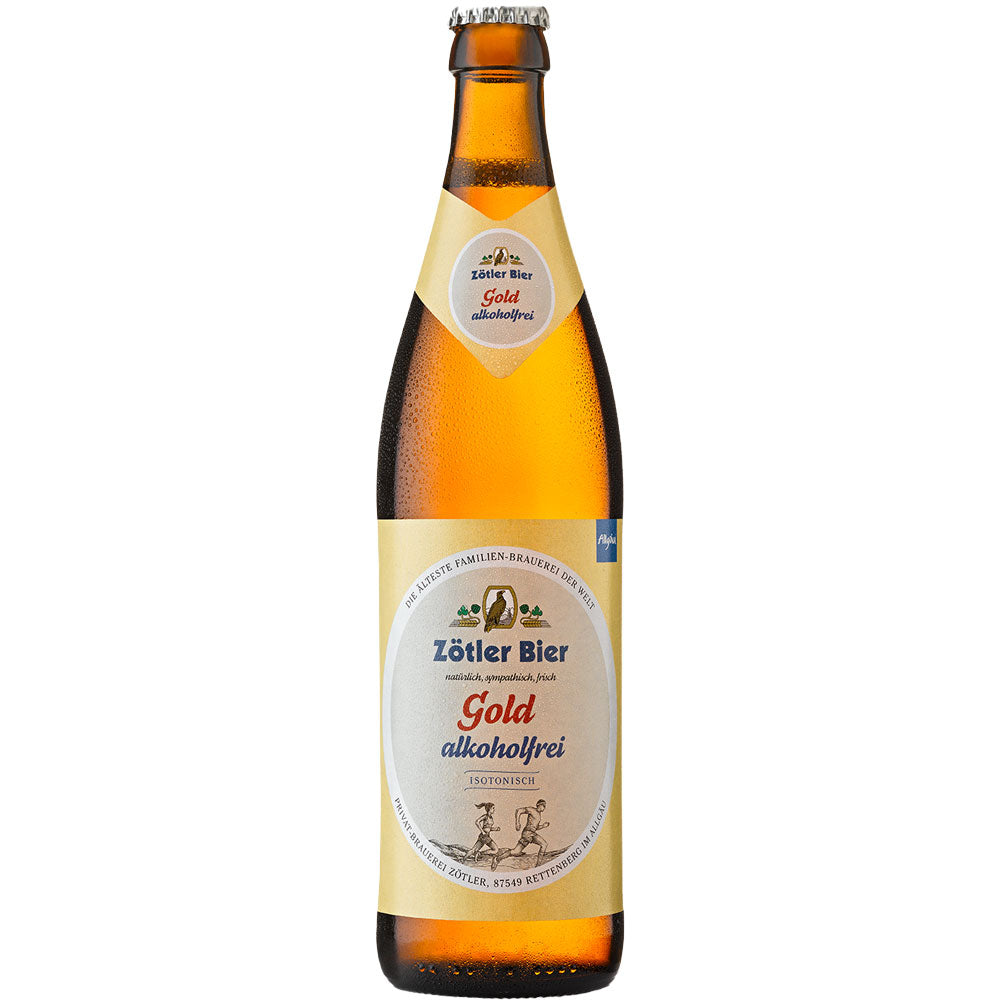 Eine Flasche Brauerei Zötler Gold alkoholfrei 0,5L (MEHRWEG), ein alkoholfreies Bier mit gelb-weißem Etikett, zeigt die Allgäuer Braukunst.