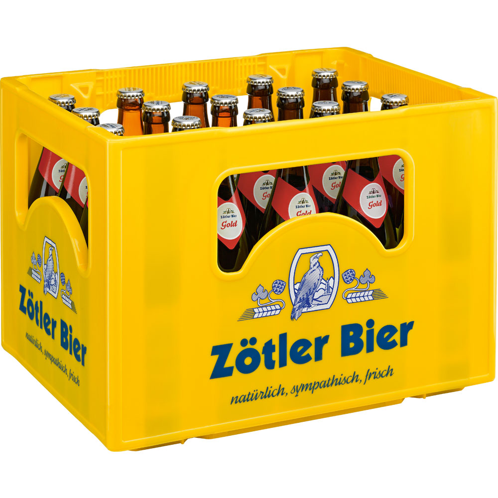 Eine gelbe Kiste mit blauem Logo und deutschem Text enthält 20 Flaschen (je 0,5 l) Zötler Gold Export der Brauerei Zötler (MEHRWEG), die ihr klassisches goldgelbes Bier präsentieren.