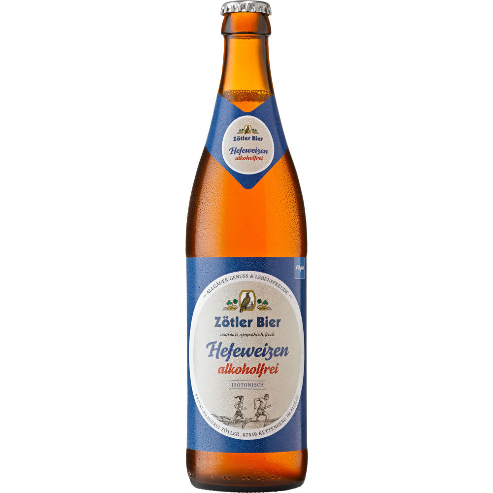 Eine Braunglasflasche der Brauerei Zötler Hefeweizen alkoholfrei 0,5L (MEHRWEG) mit blau-weißem Etikett, die isotonisch erfrischt.