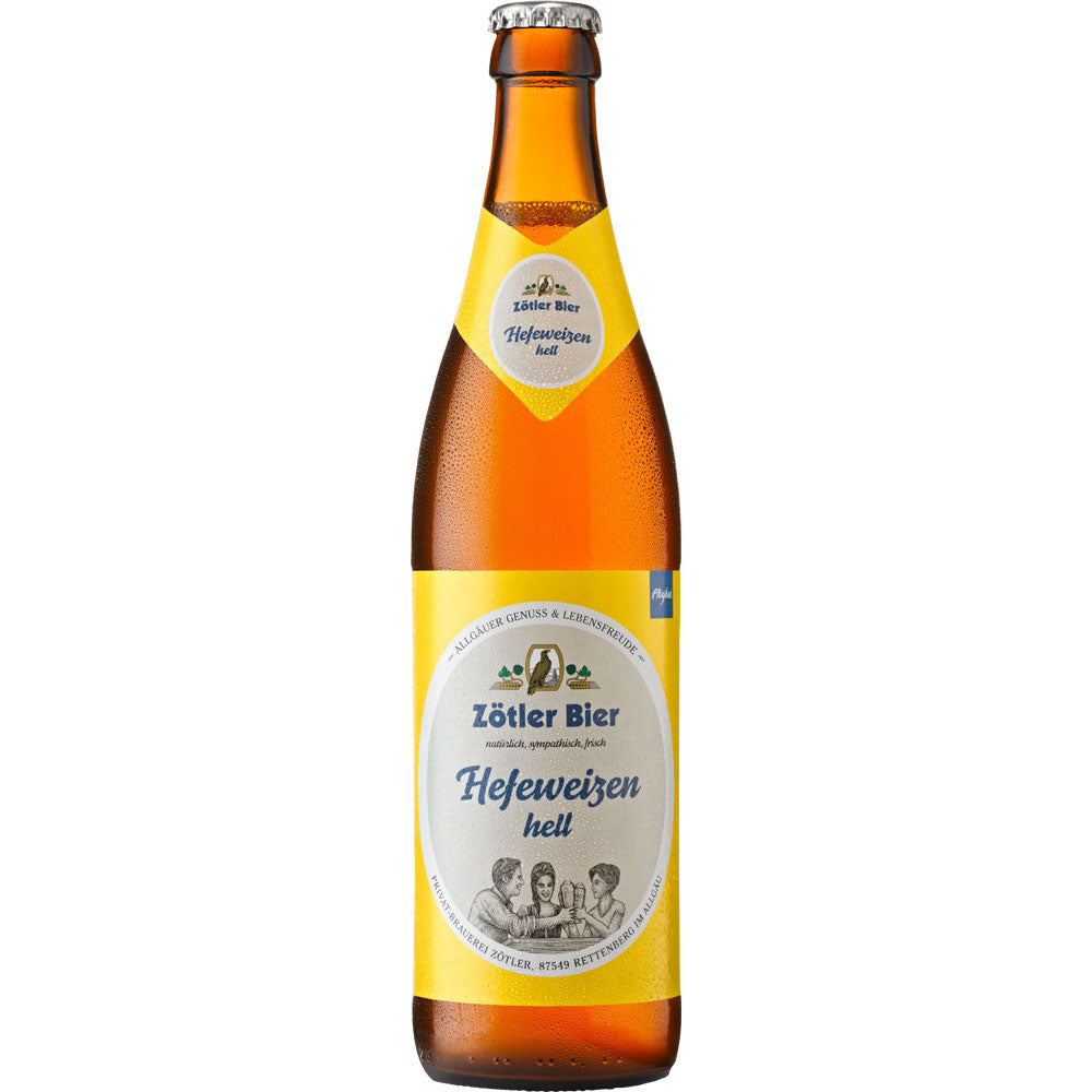 Abgebildet ist eine Flasche Zötler Hefeweizen Hell 20x 0,5 Liter (MEHRWEG) der Brauerei Zötler mit gelbem und weißem Etikett auf weißem Hintergrund.