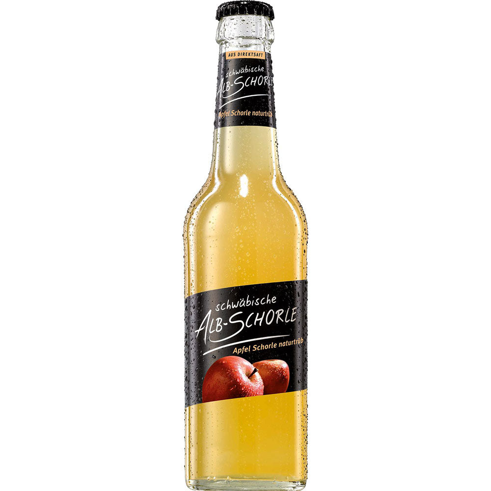 Ein kühles, erfrischendes Zwiefalter Klosterbräu Alb-Schorle Apfel-Naturtrüb in der 0,33 l Glasflasche, hergestellt aus naturtrübem Apfelsaft - erhältlich im 24er-Pack (Mehrweg).
