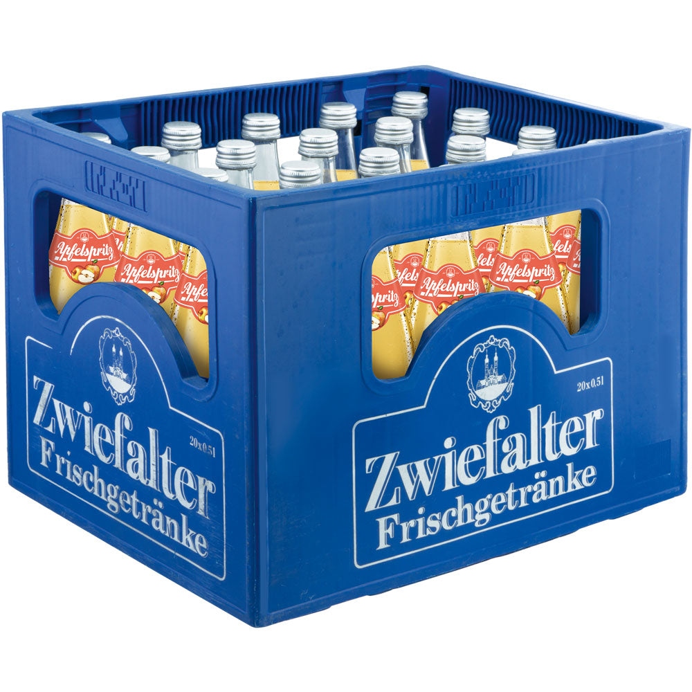 Blaue Kiste mit der Aufschrift Zwiefalter Klosterbräu, gefüllt mit 20 wiederverwendbaren 0,5-L-Glasflaschen mit gelbem Zwiefalter Apfelspritz (Extra-Saft, ohne Zuckerzusatz), alle mit rotem Verschluss.