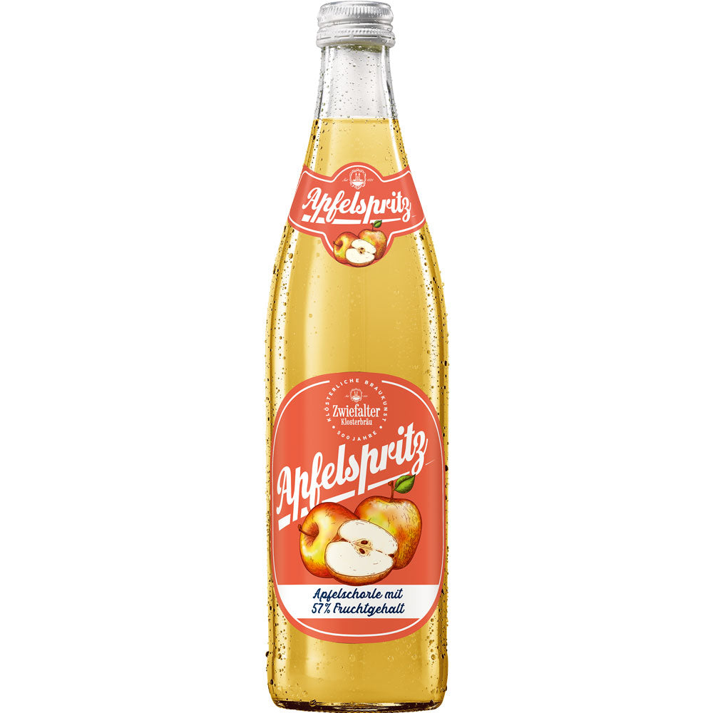 Eine Zwiefalter Klosterbräu Apfelspritz 0,5L Glasflasche mit rotem Apfel-Blasen-Etikett, extra viel Saft und ohne Zuckerzusatz; 20er Pack (MEHRWEG).