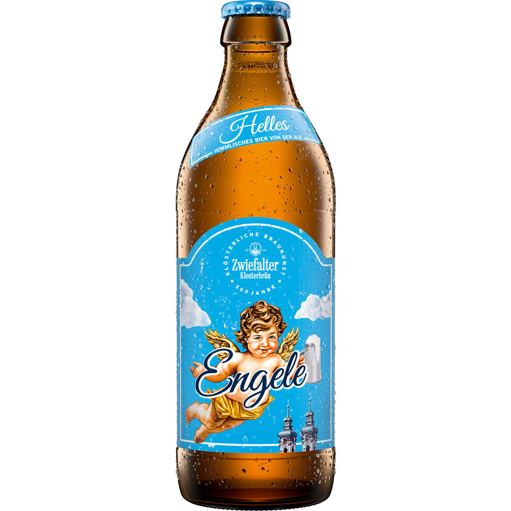 Das Helles Engele 20x 0,33L (MEHRWEG) von Zwiefalter Klosterbräu trägt ein blaues Etikett mit Engel und Kirchtürmen. Dieses untergärige Lagerbier von der Schwäbischen Alb bietet einen traditionellen Geschmack in jedem Schluck.