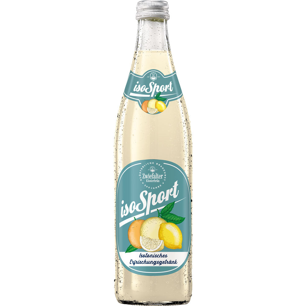 Eine Klarglasflasche von Zwiefalter IsoSport Light (Zitrone und Limette, kalorienarm, isotonisch) Erfrischungsgetränk von Zwiefalter Klosterbräu mit blau-weißer Beschriftung, 0,5L Mehrweg.
