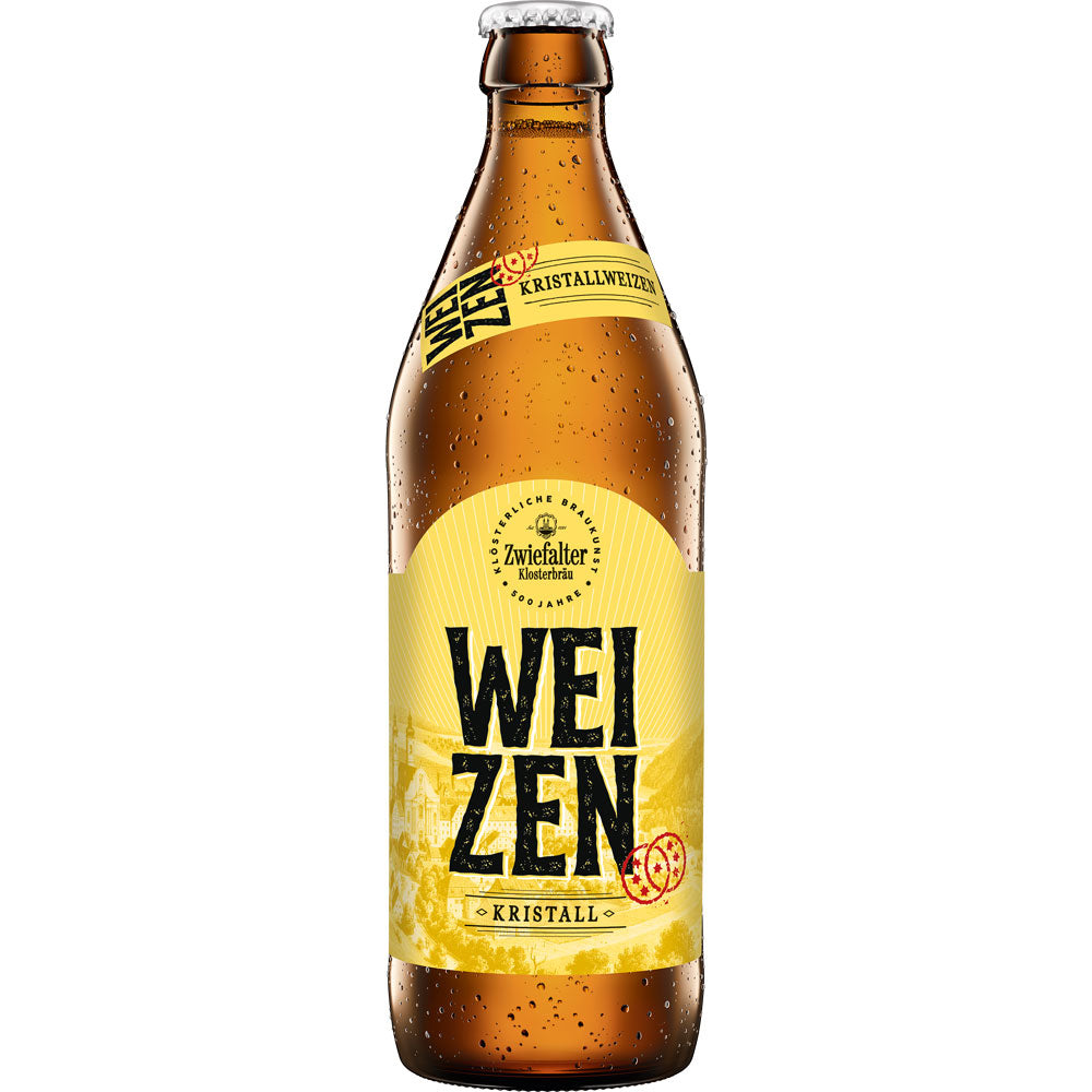 Eine braune Flasche Zwiefalter Klosterbräu Kristallweizen 20x 0,5L (MEHRWEG) mit einem gelben Etikett und fetter schwarzer Schrift, die diese schwäbische Spezialität hervorhebt.