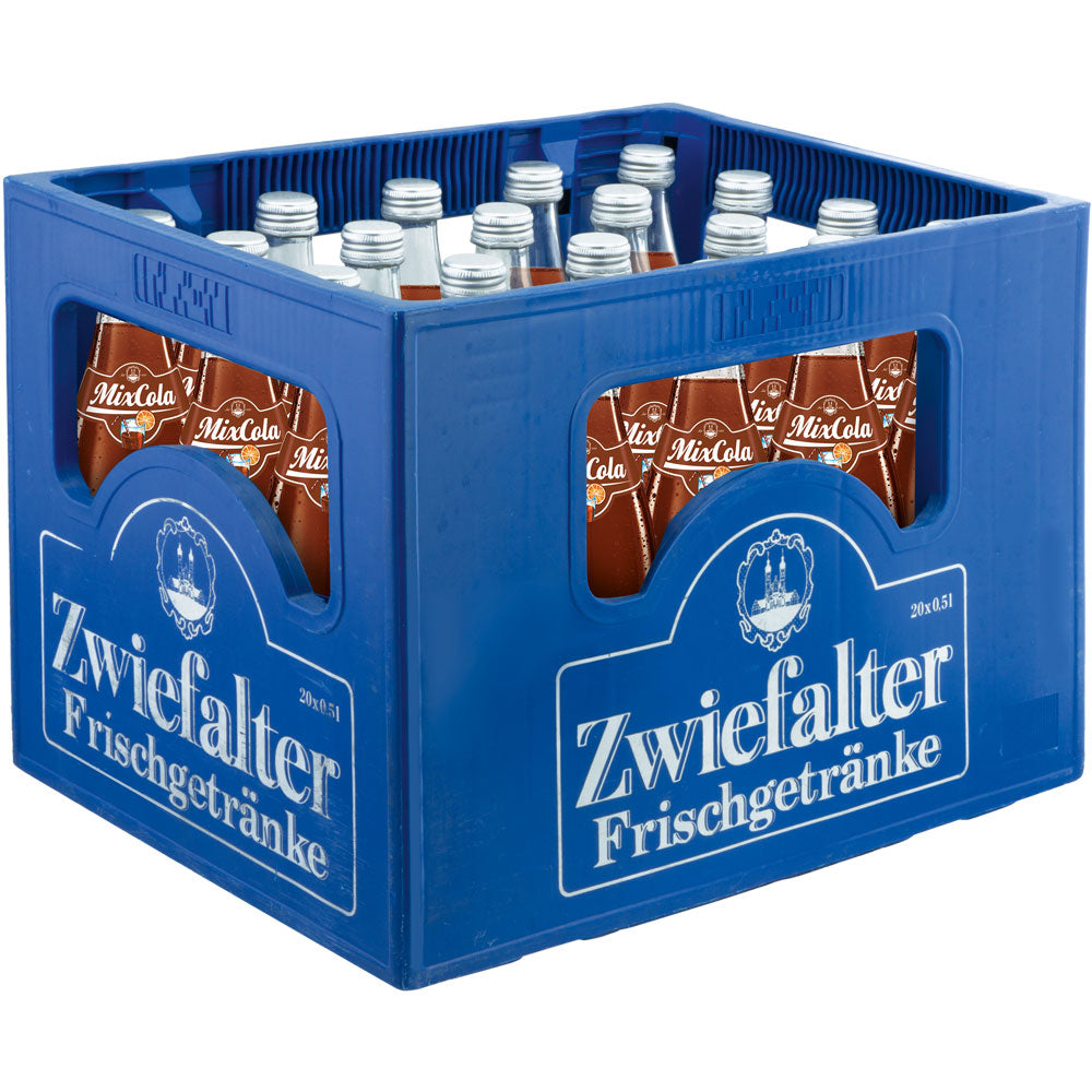 Eine blaue Kiste mit der Aufschrift Zwiefalter Klosterbräu enthält 20 Glasflaschen (je 0,5 l) Zwiefalter Mix Cola (MEHRWEG), ein erfrischendes Cola-Mix-Limonaden-Getränk.