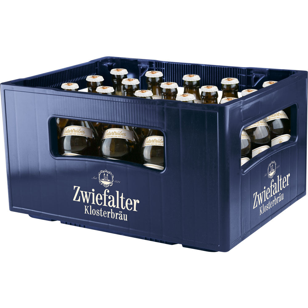 Eine blaue Kiste Zwiefalter Klosterbräu enthält 20 Flaschen (je 0,33 l) Zwiefalter Naturtrübes Engele (Mehrweg).