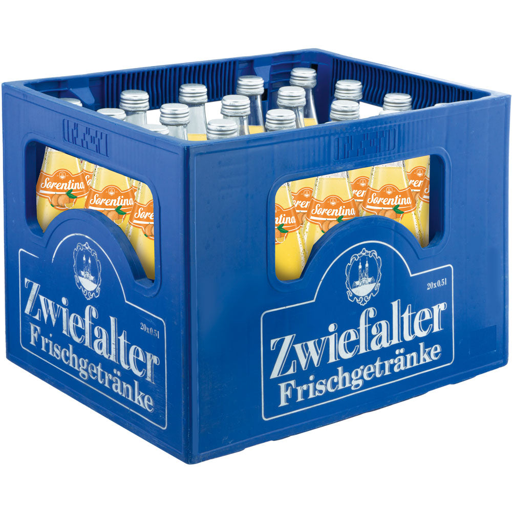 Eine blaue Zwiefalter Klosterbräu-Kiste mit der Aufschrift "Zwiefalter Sorentina Orange 20x 0,5 Liter (MEHRWEG)", gefüllt mit Glasflaschen mit erfrischender Orangenlimonade.