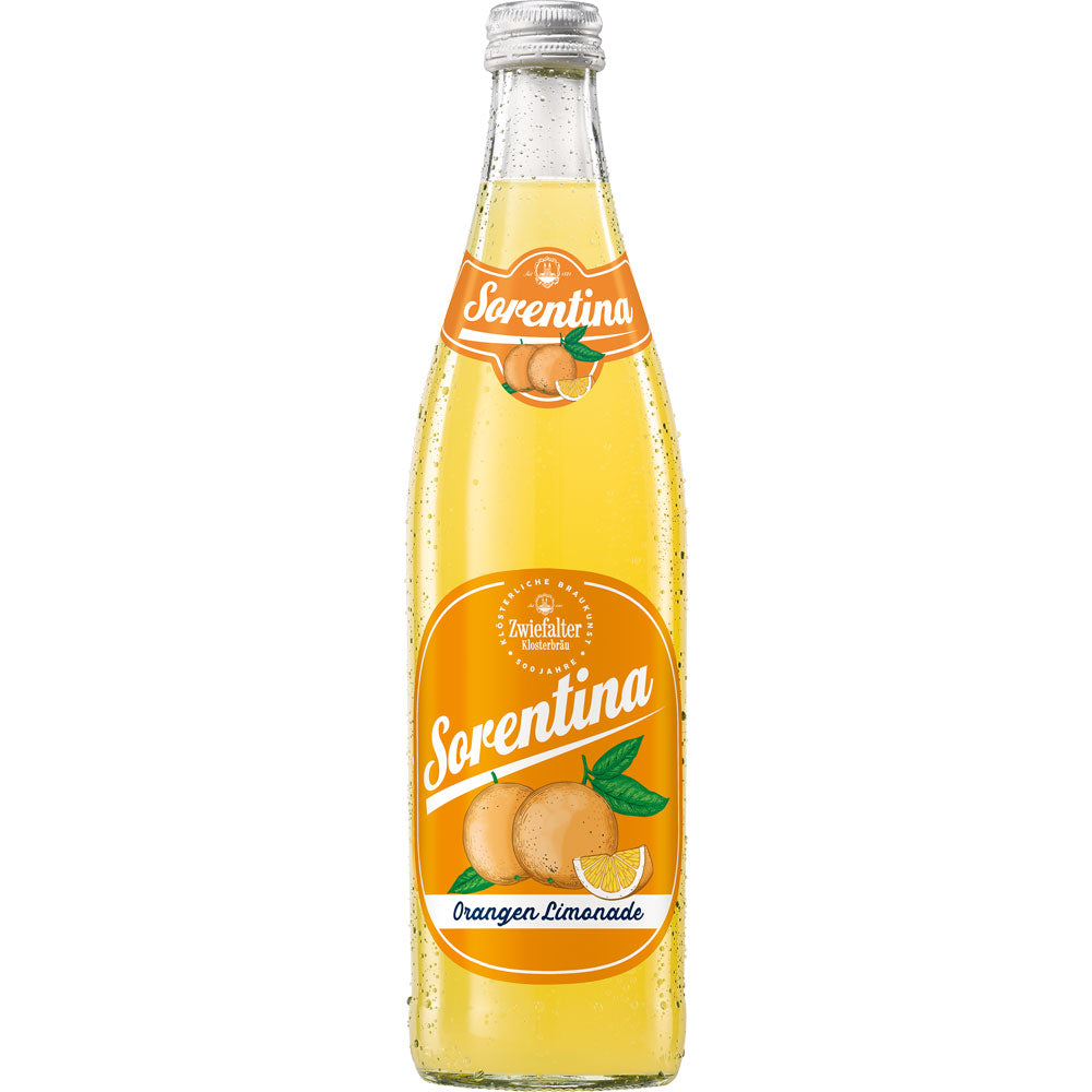 Die 0,5-L-Glasflasche Zwiefalter Klosterbräu Sorentina Orange (MEHRWEG) mit leuchtender Zitrusgrafik bietet einen erfrischenden Orangengeschmack mit Vitamin C. Erhältlich im 20er-Pack.