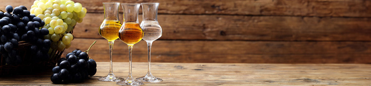 Grappa in Grappagläsern neben weißen und roten Weintrauben