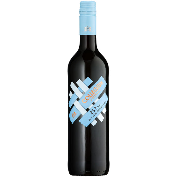 Eine Flasche Collegium Wirtemberg 257 n.n. Rotwein-Cuvée trocken 2023, mit hellblauem Etikett und Verschluss.