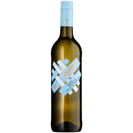 Eine Flasche Collegium Wirtemberg 325 n.n. Weißwein-Cuvée trocken 2024 mit hellblauem Verschluss und blauen Zierstreifen bietet eine elegante trockene deutsche Weißweinmischung.