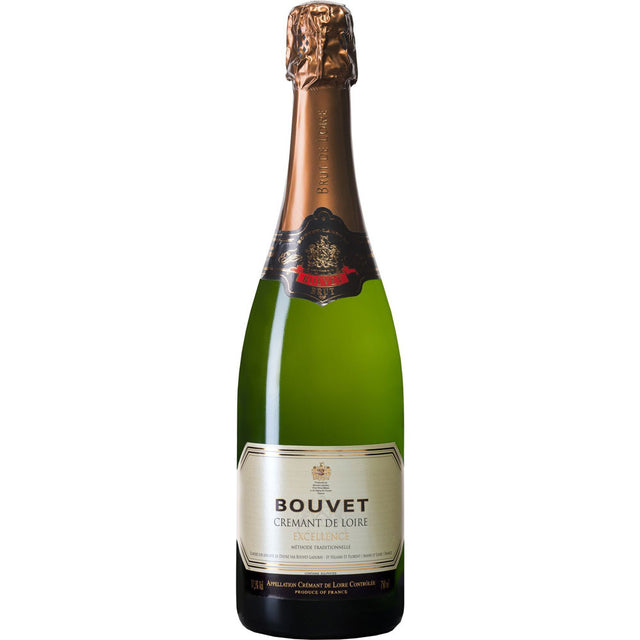 Eine 0,75-Liter-Flasche Bouvet Ladubay Cremant de Loire Brut Excellence Schaumwein von Bouvet Ladubay, mit einer Goldfolie und einem cremefarbenen Etikett.