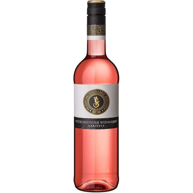 Eine Flasche Felsengartenkellerei Besigheim Spätburgunder Weißherbst Kabinett lieblich 2023, dieser Roséwein spiegelt den eleganten Charakter des württembergischen Weines anmutig wider.