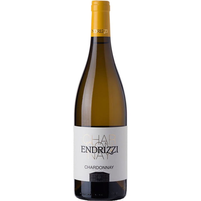 Eine Flasche Endrizzi Chardonnay DOC Trentino 2025, ein italienischer Weißwein von Endrizzi, mit weißem Etikett und gelbem Verschluss vor weißem Hintergrund.