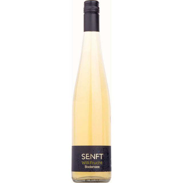 Eine hohe, klare 0,7L Flasche Senft Williams SELEKTION (38% vol) mit schwarzem Etikett und Schraubverschluss, hergestellt von der Marke Senft.