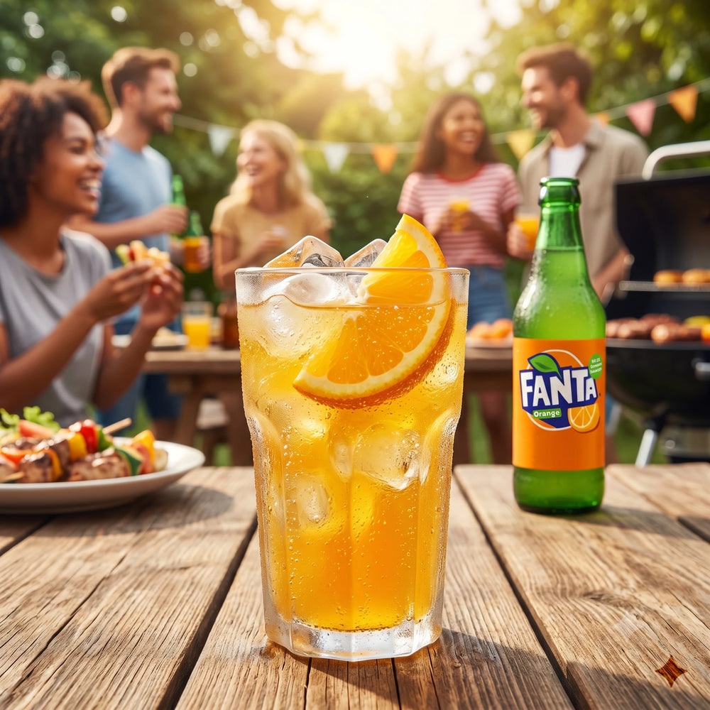 Fanta Orange in der Flasche und im Glas