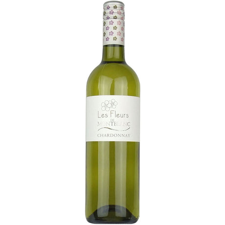 Eine Flasche Les Vignerons de Montblanc Fleurs de Montblanc Chardonnay 2025 mit weißem Etikett und floralem Schraubverschluss, die die Eleganz des Vin de Pays d'Oc verkörpert.