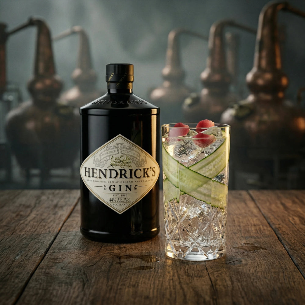 Hendrick's Gin Flasche auf einem Tisch